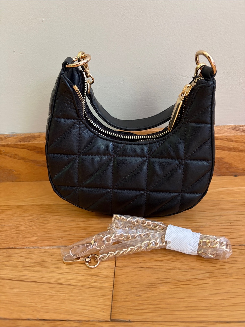 ALDO Quilted Black Crescent Shoulder Bag with Gold Hardware